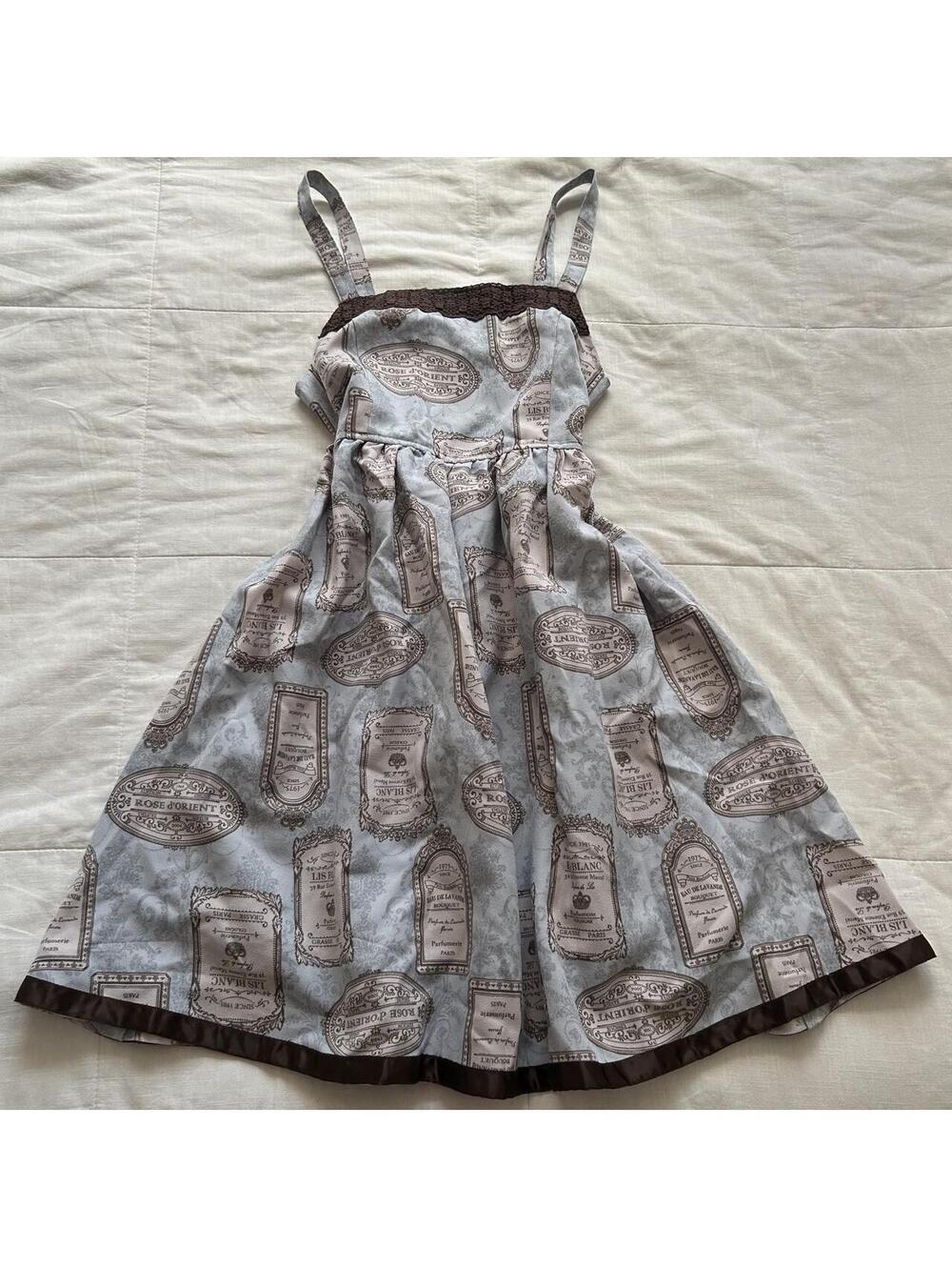 Axes Femme Dusty Blue Perfume Label Print Sundress Crochet Lace Trim M Japan